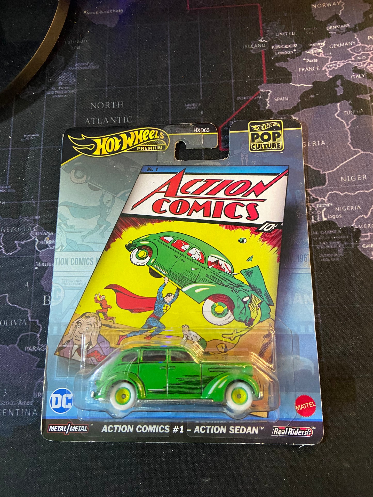 Hot Wheels Premium Pop Culture DC Action Comics #1 Action Sedan, Metal Diecast Car, Green