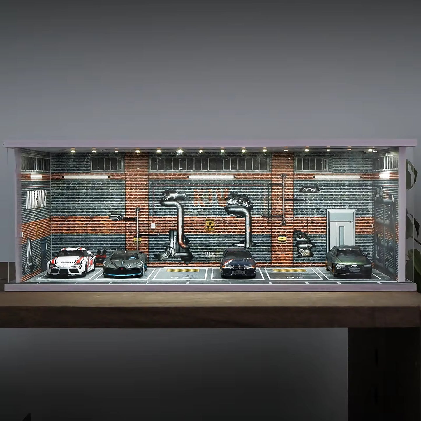 1:64 Car Model Display Case with Lights Matchbox Cars-Dilapidated Factory Scenes Parking Garage