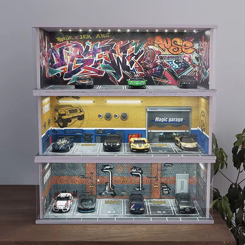 1:64 Car Model Display Case with Lights Matchbox Cars-Dilapidated Factory Scenes Parking Garage