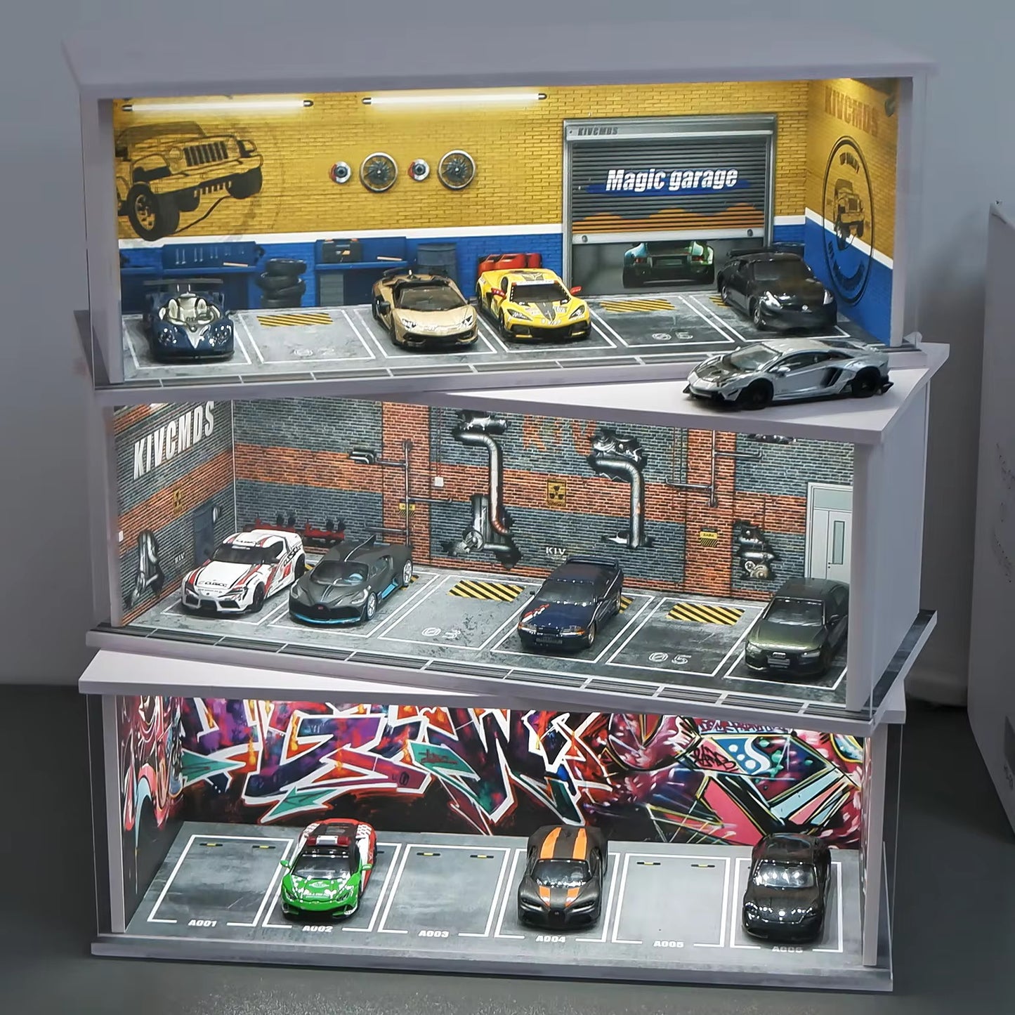 1:64 Car Model Display Case with Lights Matchbox Cars-Dilapidated Factory Scenes Parking Garage