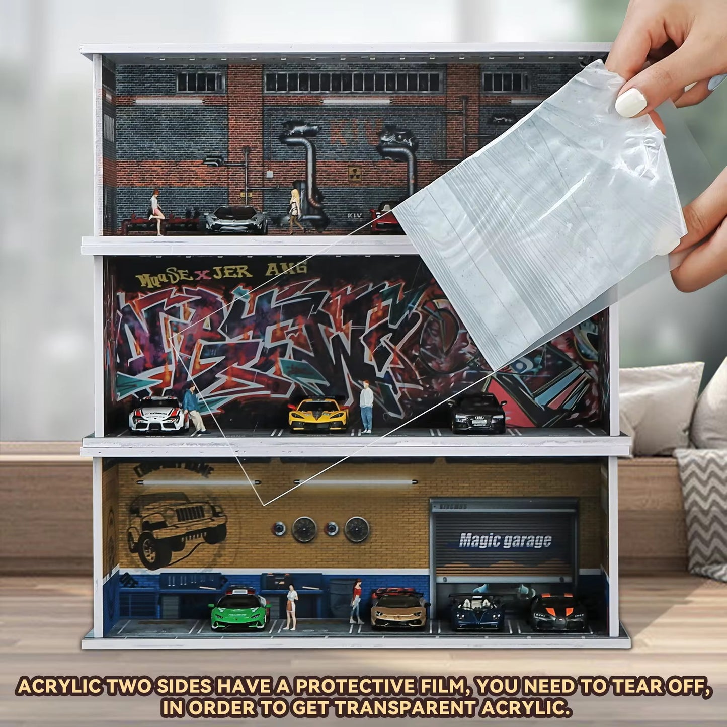 1:64 Car Model Display Case with Lights Matchbox Cars-Dilapidated Factory Scenes Parking Garage