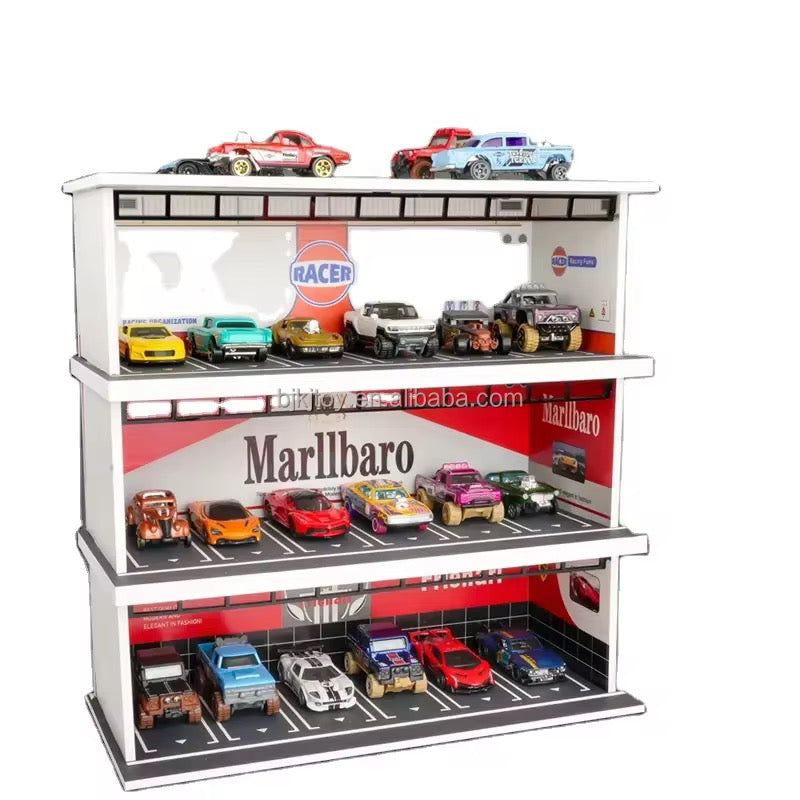 Miniature 1/64 Scale PVC Diecast Parking Lot Toys LED Garage Parking Lot Cabinet with 6 Parking Spaces